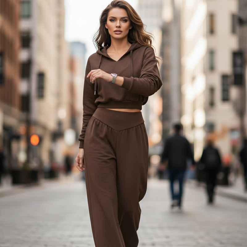 Conjunto Crop Hoodie & Wide Pants Chocolate