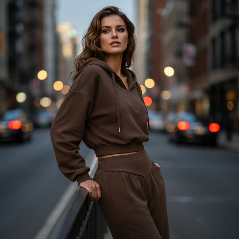 Conjunto Crop Hoodie & Wide Pants Chocolate