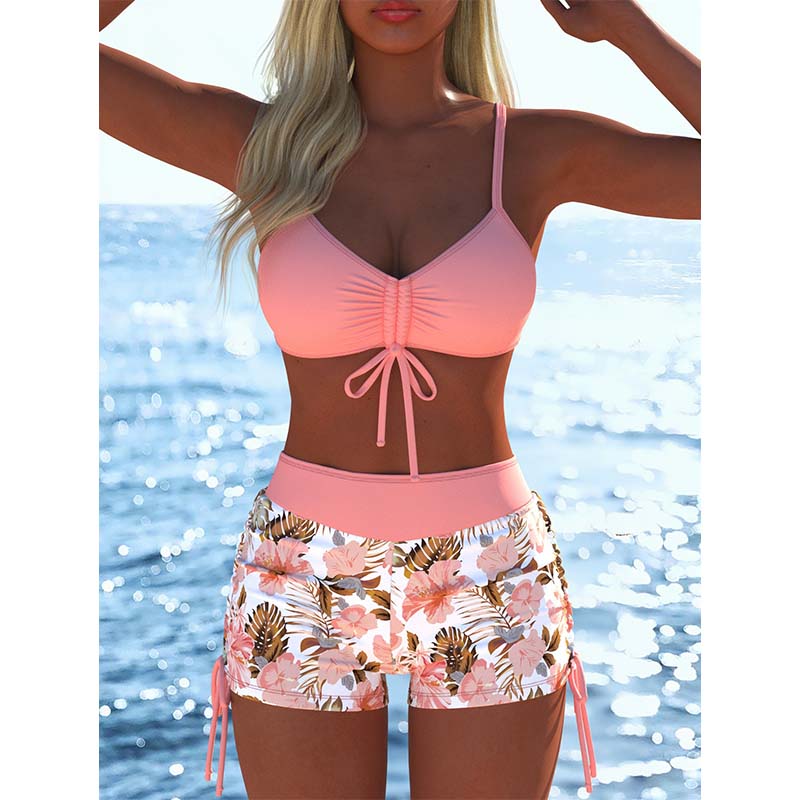 Conjunto Bikini de Dos Piezas con Top Fruncido y Short Ajustable