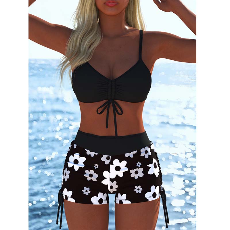 Conjunto Bikini de Dos Piezas con Top Fruncido y Short Ajustable