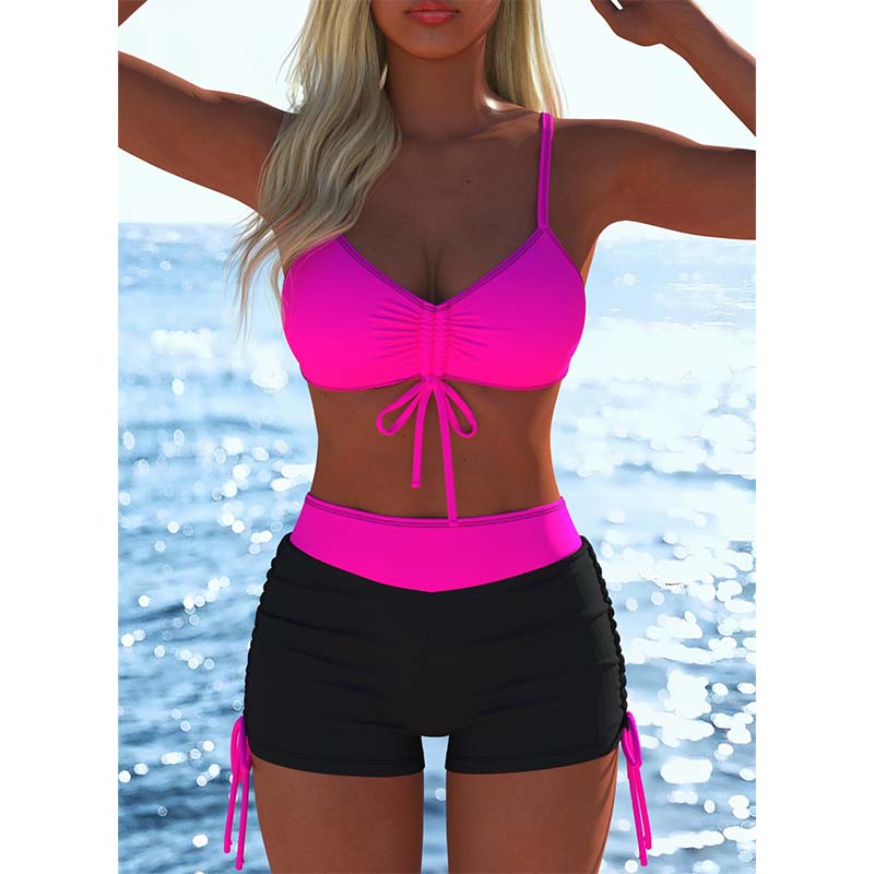 Conjunto Bikini de Dos Piezas con Top Fruncido y Short Ajustable