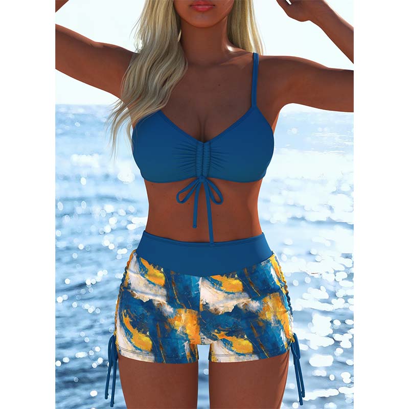 Conjunto Bikini de Dos Piezas con Top Fruncido y Short Ajustable