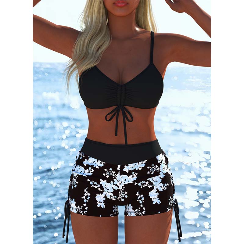Conjunto Bikini de Dos Piezas con Top Fruncido y Short Ajustable